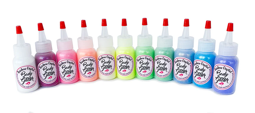 11-Set Rainbow Crystal Body Glitter in 1 oz Round Squeeze Bottles