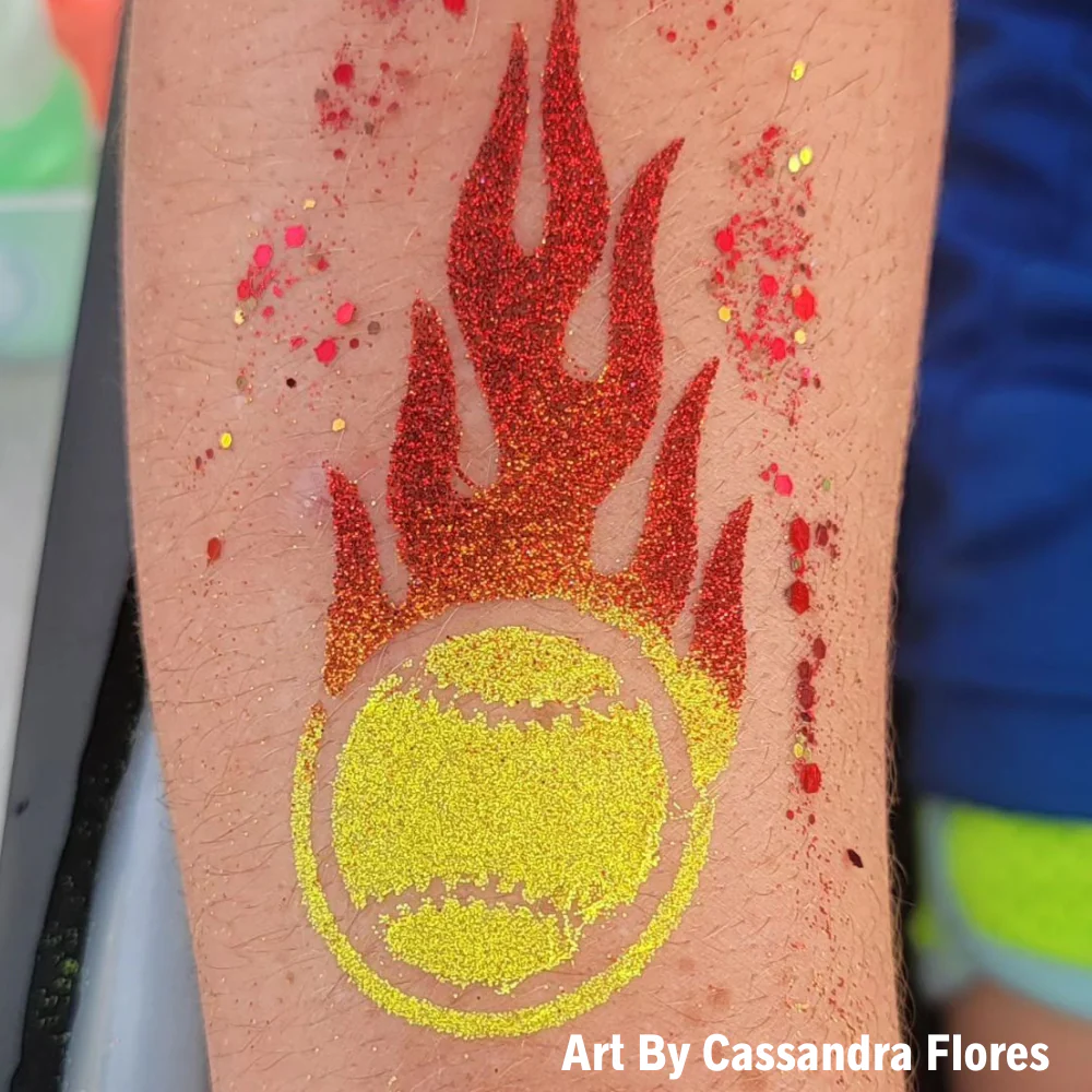 484 Baseball with Flames - Set of 5 - Art Factory Glitter Tattoo Stencil - Image 2