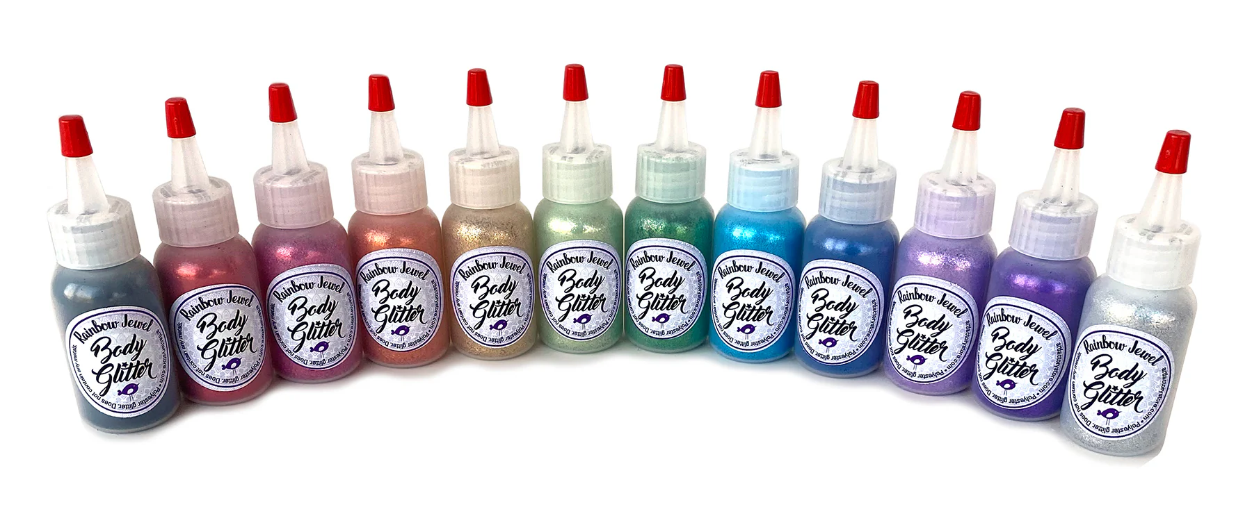 12-Set Rainbow Jewel Body Glitters in 1 oz Squeeze Bottles